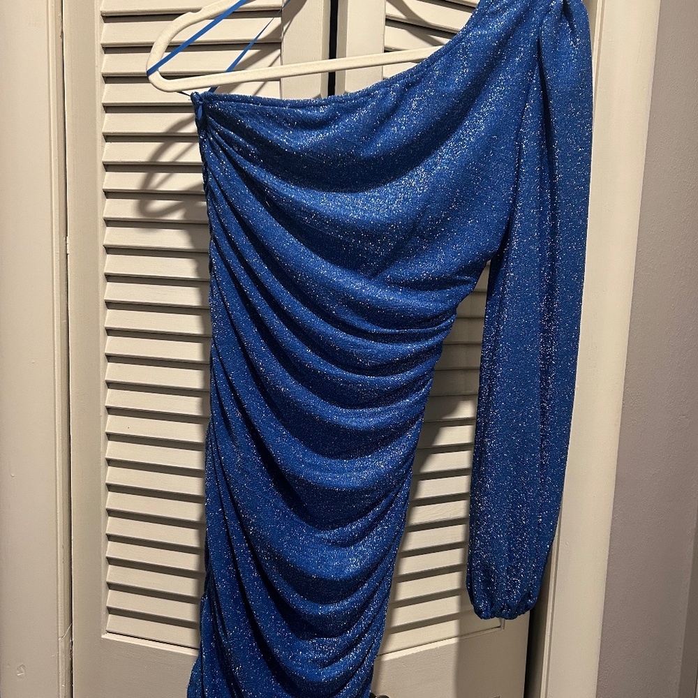 NWOT Women's Anrabess One Shoulder Ruched Bodycon Cocktail Dress Glitter Blue
